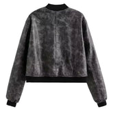 Winter Distressed Grey Bomber Pure Sheepskin Leather Jacket For Women